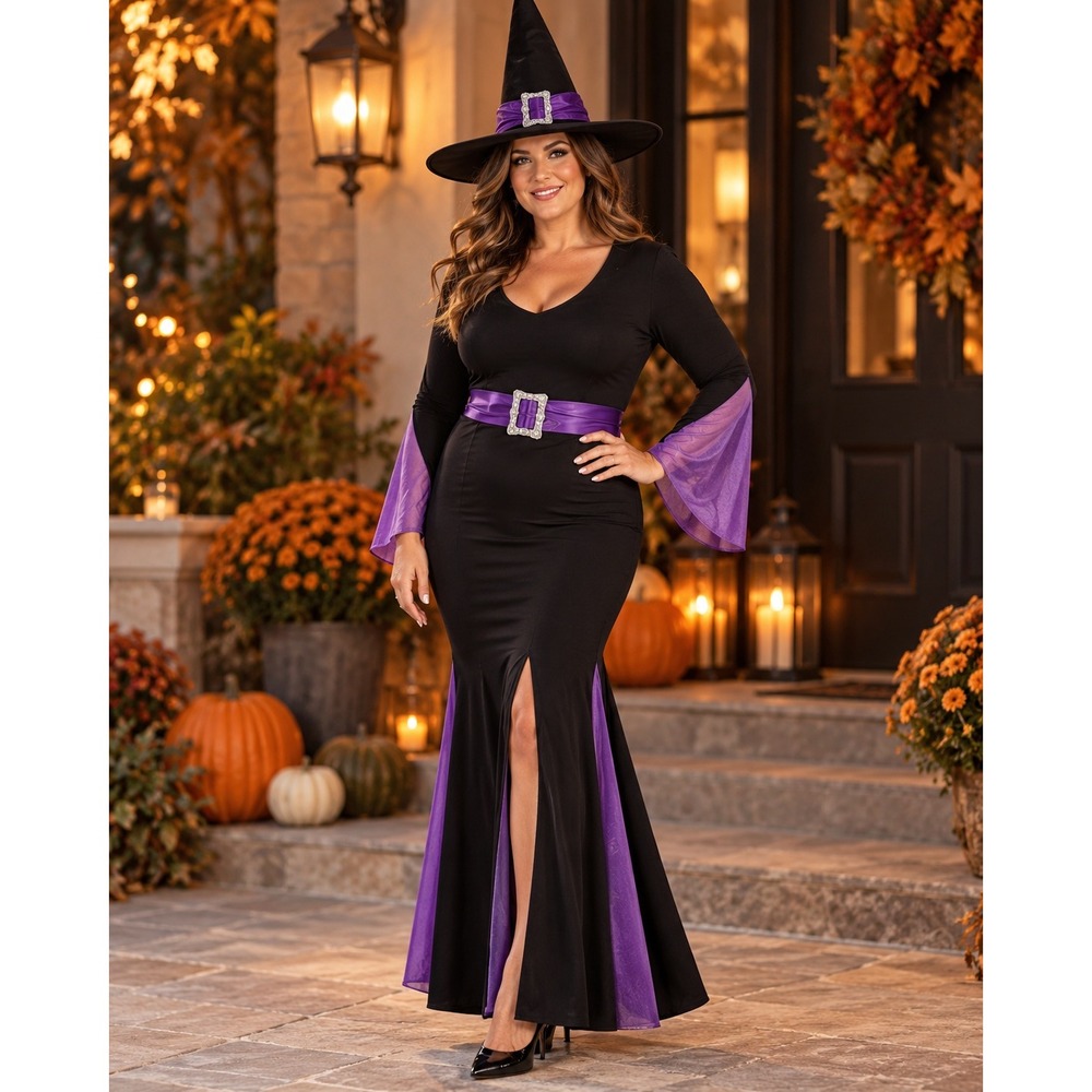 Witchy Witch Womens Costume XL Black Purple Dress Hat Belt Halloween Amscan
